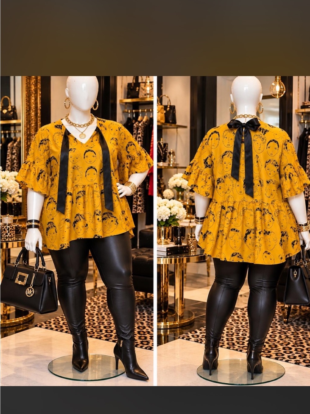 & Other Stories Mustard Yellow Ruffle Peplum Tunic with Black Ribbon